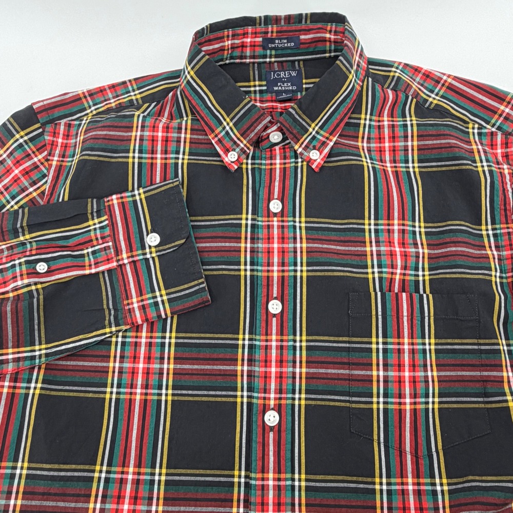 J.Crew Mens Slim Untucked Flex Washed Plaid‎ Shirt Black Red Green Large L
